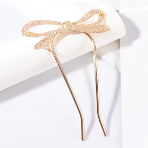 Épingle à cheveux dorée en U avec nœud élégant orné de strass brillants pour femmes