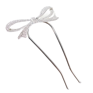 Épingle à cheveux argentée en U avec nœud papillon en strass pour chignon élégant