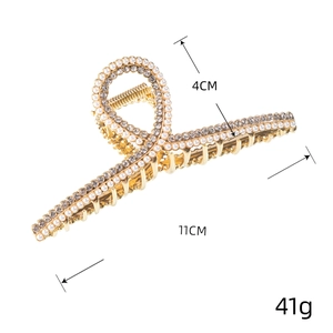 Elegant gold metal hair claw clip with white pearls and rhinestones 11cm length