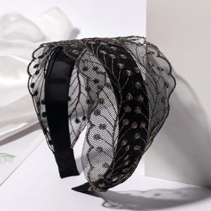 Élégant Serre-tête en Dentelle Noire Brodée à Large Bord Motif de Feuilles Or Argent pour Femmes Accessoires de Coiffure Mode