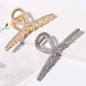 Luxury Alloy Artificial Pearl Rhinestone Hair Claw Clip Elegant Cross Design Gold Silver Hair Accessories For Women Party Daily