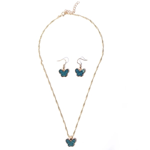 Golden alloy butterfly jewelry set with navy blue glitter resin necklace and earrings