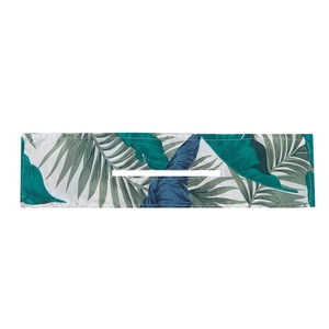 Flat lay of tropical palm leaf print deft bun hair maker tool in green and blue fabric