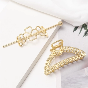 Damen Mode Gold Legierung Haarklammer Haarnadel Set Minimalistische Hohlkette Textur Kralle Clip Klee Herz Haarnadel Zubehör
