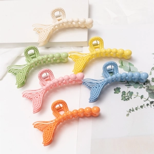 Pince à Cheveux Queue de Sirène Élégante Grande Pince Requin en Plastique avec Texture Perlée Accessoires de Cheveux pour Femmes