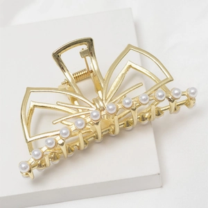 Pince à Cheveux Élégante Nœud Papillon Avec Künstliche Perles d'Imitation Alliage de Zinc Or Pince Crabe Pour Femme Accessoires Cheveux