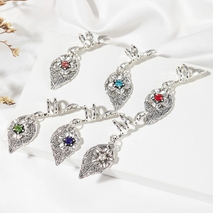 Set of 6 silver alloy leaf hair rings with colorful gemstones for dreadlock braids