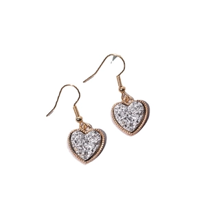 Chic gold-plated heart drop earrings featuring sparkling silver druzy resin crystals