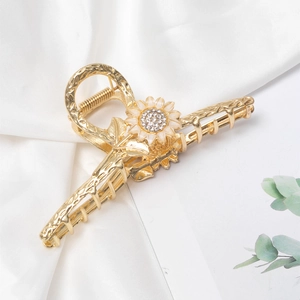 Elegante pinza per capelli a girasole in lega dorata con strass e petali bianchi per donna