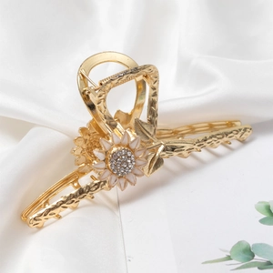 Elegante molletta per capelli a girasole in lega dorata con petali bianchi e strass brillanti