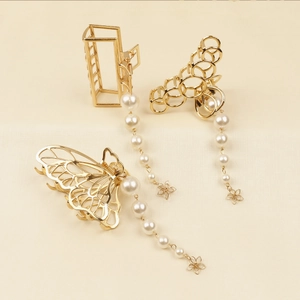 Lot de 3 pinces à cheveux dorées élégantes avec de longs pendentifs en perles blanches