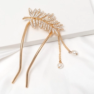 Pic à Cheveux Vintage en Alliage Doré avec Feuilles de Strass et Pompons Élégants pour Femmes Mariages Bijoux