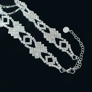 Elegant silver layered choker necklace with rhinestone rhombus geometric design