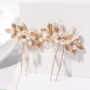 Exquisite Braut Haarnadeln U-Form mit Goldblättern, Perlen und Kristallen im 2er-Set