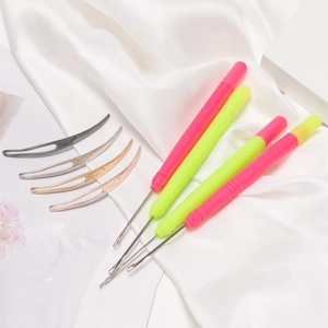 Eight-piece crochet hook set for hair extensions featuring colorful handles and metallic finishes