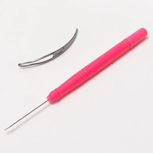 Crochet needle for hair extensions with rose red handle and curved threading metal tool