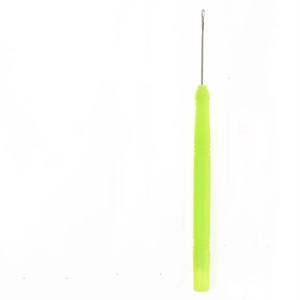 Detailed close-up of a green plastic handle latch hook tool for hair braiding extensions