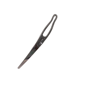 Macro shot of silver stainless steel darning needle with large eye and Jmail logo engraving