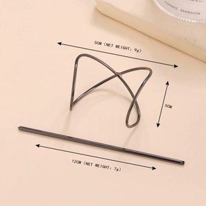Irregular gunmetal hair cage and pin set with geometric crossed design and measurements