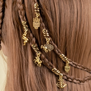 Retro gold spiral hair charms with owl, unicorn and anchor pendants for boho braids