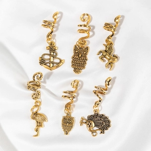 Retro gold spiral hair charms with owl, anchor, and flamingo pendants for braided hair