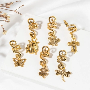 Bohemian gold spiral hair rings with vintage butterfly and dragonfly pendants