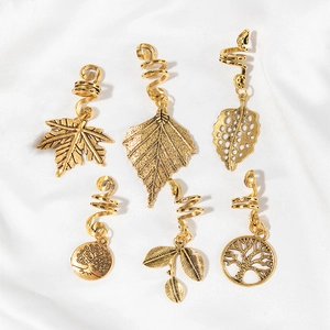 6-piece vintage gold spiral hair rings with leaf and tree of life pendants for braids