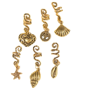 Bohemian gold spiral dreadlock hair clips with heart and seashell charms set
