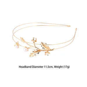 Golden twig double layer metal headband with white pearls and floral leaves