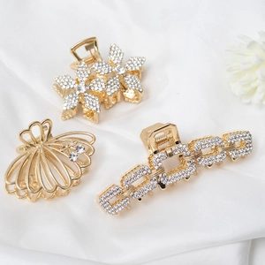Lot de 3 pinces à cheveux élégantes en métal doré avec strass, motifs fleur et coquillage