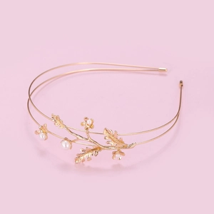 Elegant gold double-layered branch headband with white pearls for women hair styling