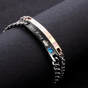 Detailed close-up of Her King and His Queen couple bracelets with zircon insets