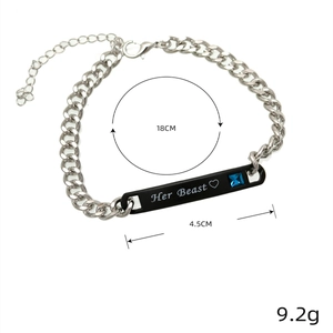 Her Beast stainless steel couple bracelet with blue zircon and silver curb chain