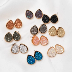 Fashion Druzy Style Resin Water Drop Stud Earrings For Women Stainless Steel Post Minimalist Electroplated Jewelry Gift