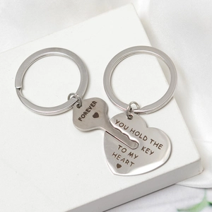 Polished stainless steel key and heart couple keychain set with romantic engravings