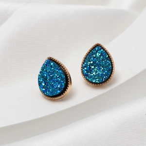 Minimalist water drop stud earrings with teal druzy crystals and golden textured edges