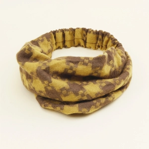 Knitted yellow and brown checkered striped elastic headband for women vintage style