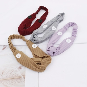 Set of four elastic knit headbands with buttons for masks in burgundy, gray, purple and khaki