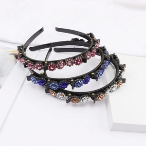 Three-piece set of rhinestone sunflower headbands with clips in pink, blue, and champagne
