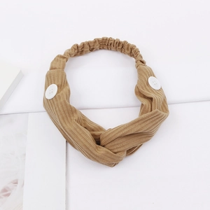 Coffee brown knitted wide headband with buttons for mask ear relief and elastic back