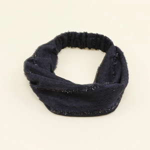 Close-up of dark blue twisted lace headband featuring silver shimmering thread detail