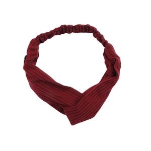 Deep red ribbed knit headband with knot design and black buttons for mask attachment