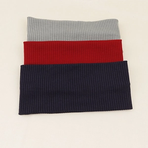 Knitted wide yoga headband set in grey, red, and navy blue ribbed stretch fabric
