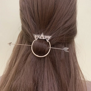 Vintage silver metal hair pin set with crown ring frame and arrow stick on brown hair