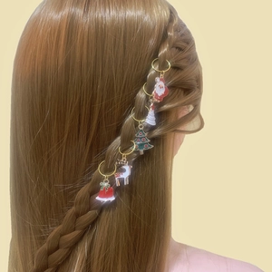 Christmas themed alloy oil drip hair rings with Santa, tree, and reindeer charms for braids