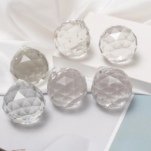 Set of six 40mm faceted clear glass crystal ball pendants on white silk background