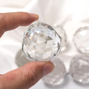Macro detail of faceted 40mm crystal ball with light refraction and small hanging hole