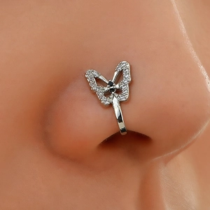 Silver butterfly non-piercing nose ring with white and black crystals for women