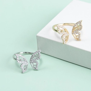 Elegant butterfly open ring with micro-pave crystals in gold and silver finishes