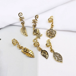 Detail of 6pcs gold vintage leaf and rose hair charms for braids and dreadlocks